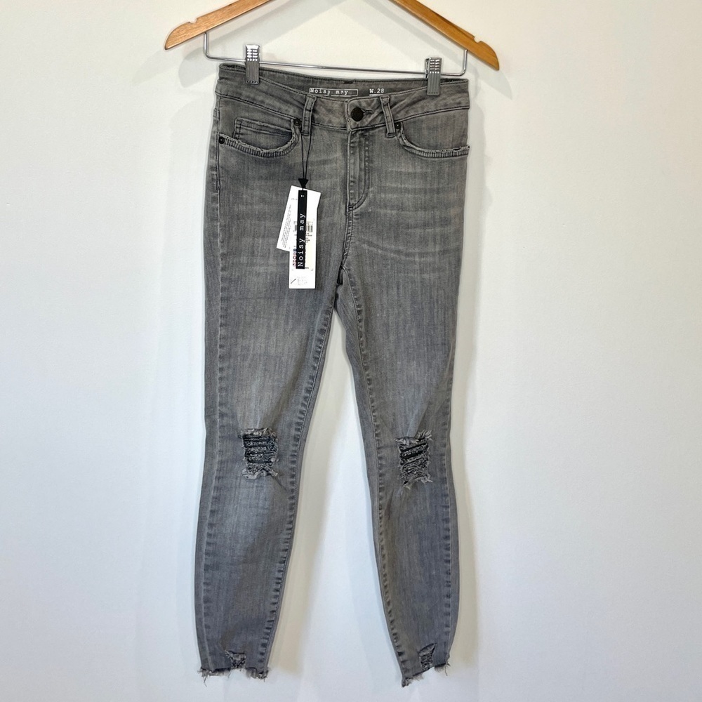 Noisy May Light Gray Distressed Ankle Jeans